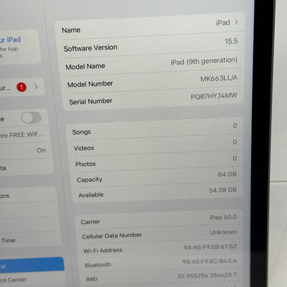 Factory Unlocked Apple iPad 9th Gen 64GB Space Gray MK663LL/A