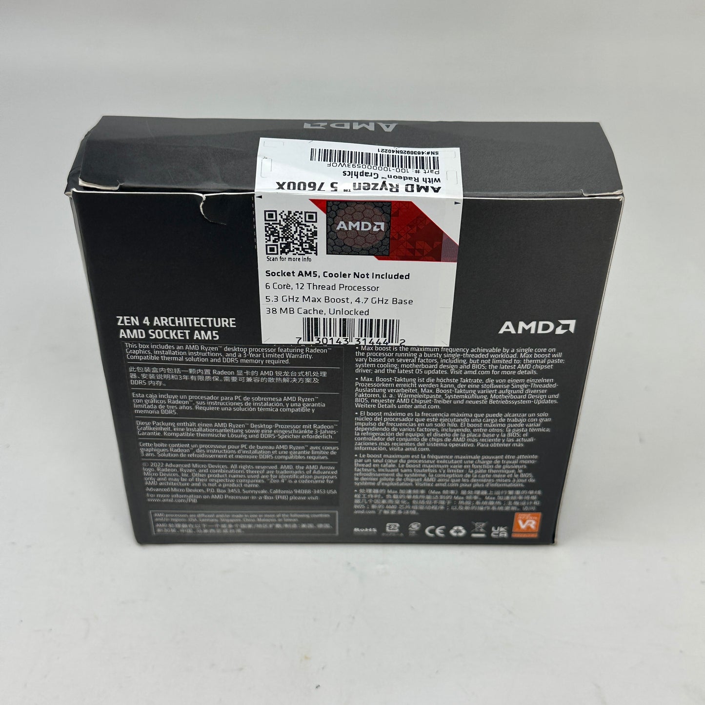 New AMD Ryzen 5 7600X 4.70GHz 6 Core 100-100000593 12 Thread AM5