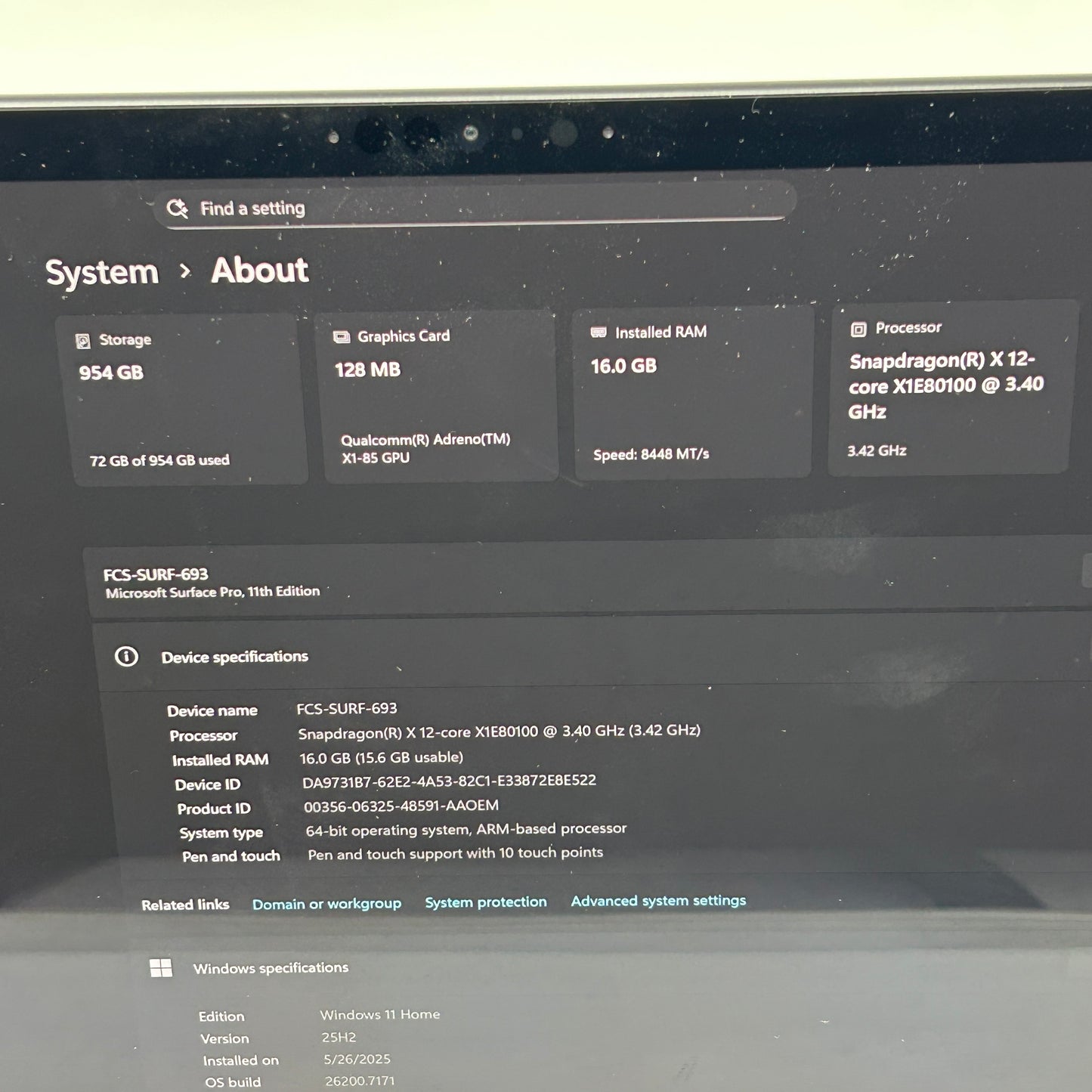 Microsoft Surface Pro 11 2076 13" Snapdragon X Elite 3.4GHz 16GB RAM 1TB SSD