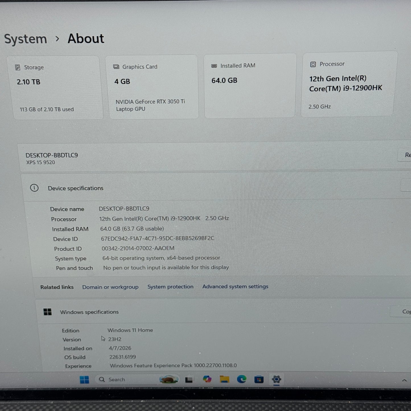 Dell XPS 15 19520 15.6" i9-12900HK 2.5GHz 64GB RAM 2TB SSD GeForce RTX 3050 Ti