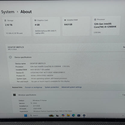 Dell XPS 15 19520 15.6" i9-12900HK 2.5GHz 64GB RAM 2TB SSD GeForce RTX 3050 Ti