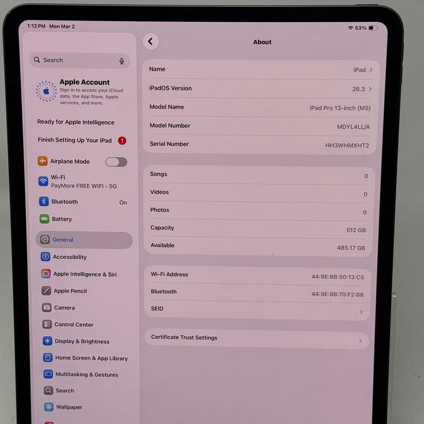 WiFi Only Apple iPad Pro 13" M5 512GB Space Black MDYL4LL/A