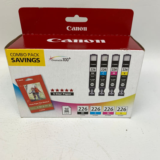 New Canon CLI-226 Genuine Ink Combo Pack 4-Color BK/C/M/Y & 50 Sheets Photo Paper