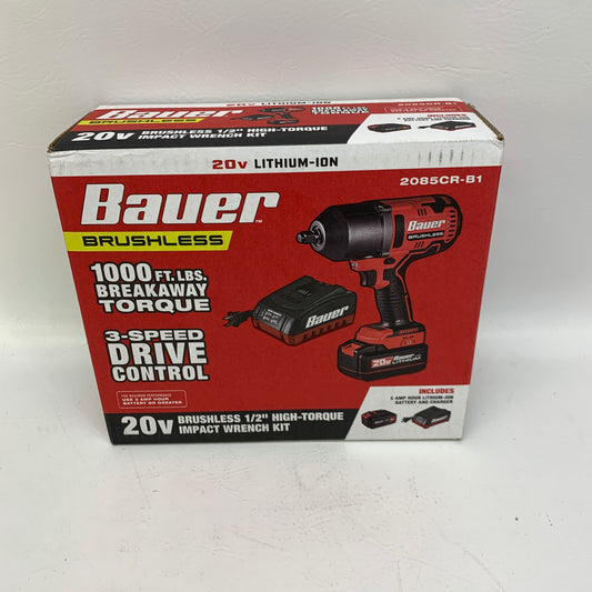 New Bauer 2085CR-B1 20V Brushless 1/2" High-Torque Impact Wrench Kit