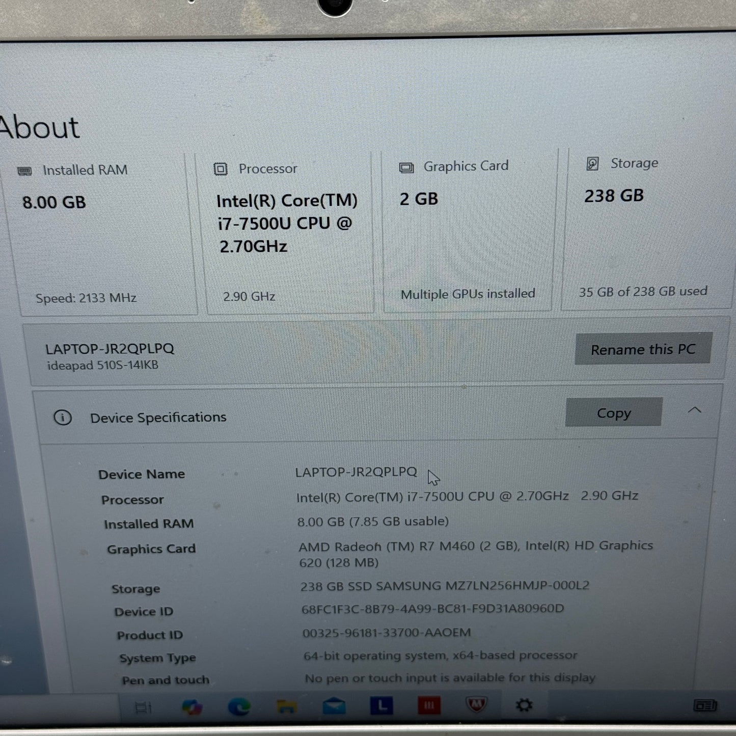 Lenovo IdeaPad 510S-14IKB 14" i7-7500U 2.7GHz 8GB RAM 256GB SSD AMD Radeon R7 