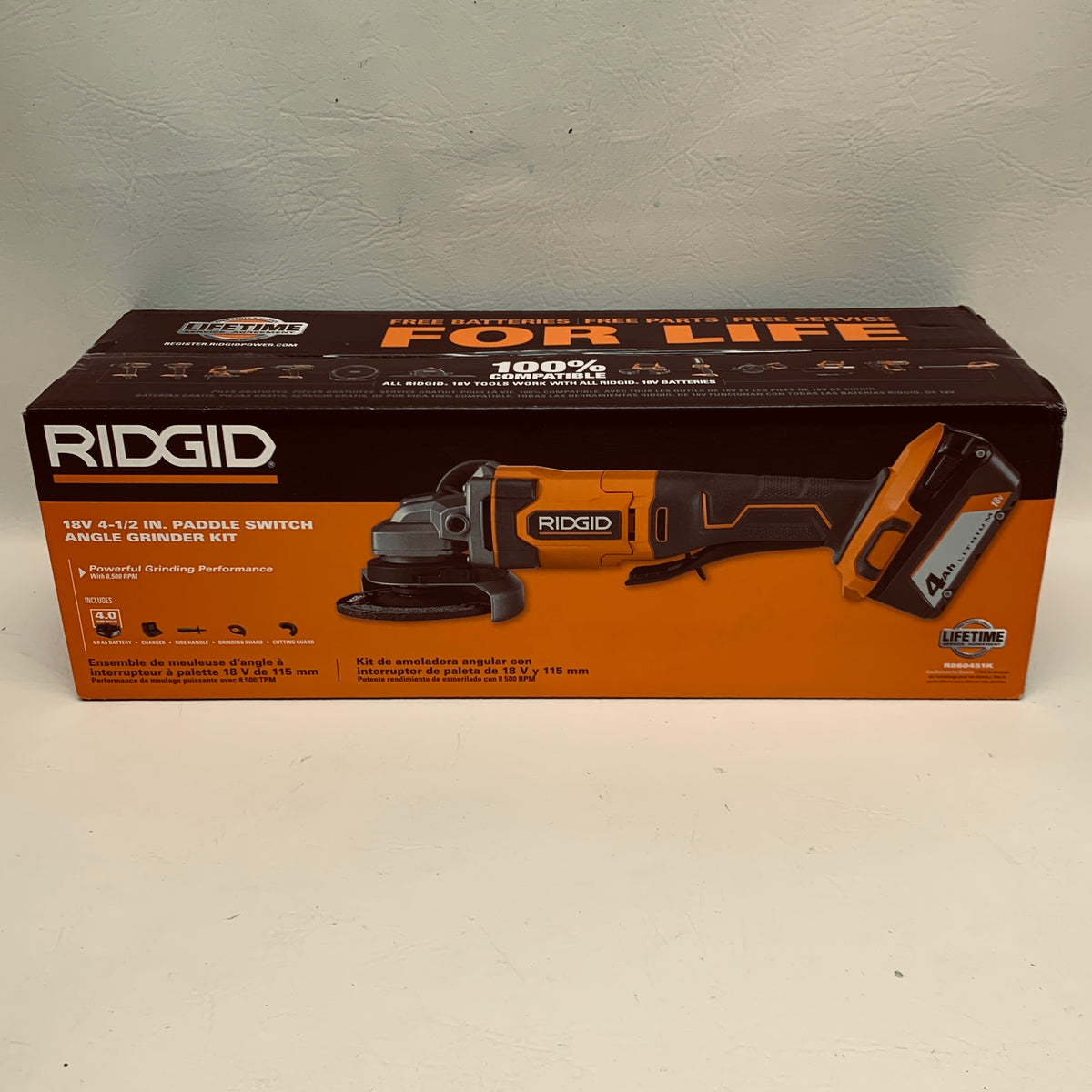 New Ridgid R860451K 18V Cordless 4-1/2 in Paddle Switch Angle Grinder Kit 