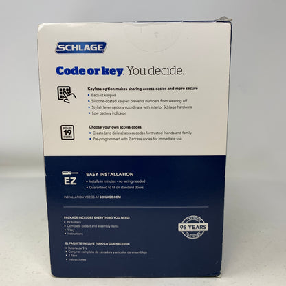 New Schlage FBE365 V Cam 619 ACC Sat Nick Keypad Entry Deadbolt  901159