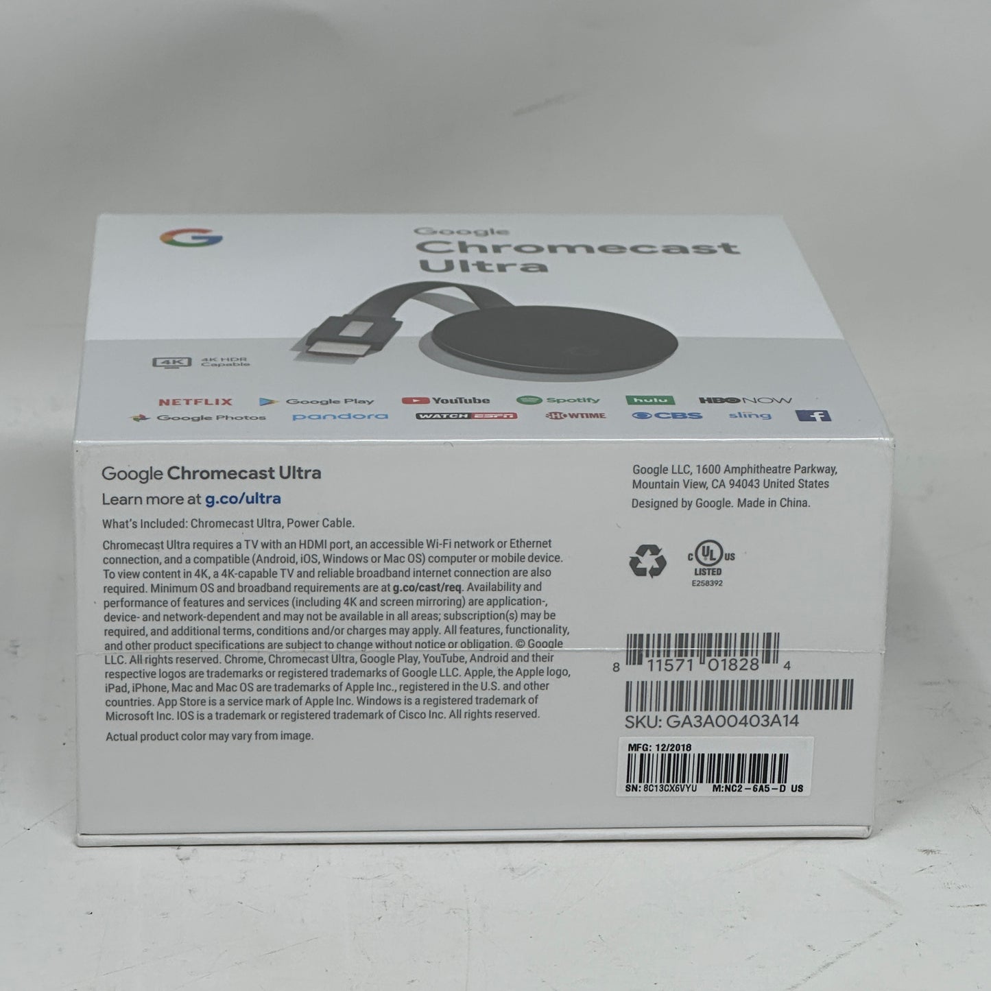 New Google Chromecast Ultra 4K Streaming Media Player GA3A00403A14