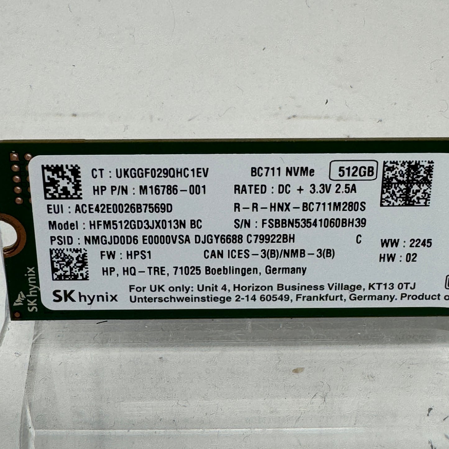 SK Hynix BC711 512GB NVMe M.2 2230 SSD HP P/N M16786-001 HFM512GD3JX013N PCIe
