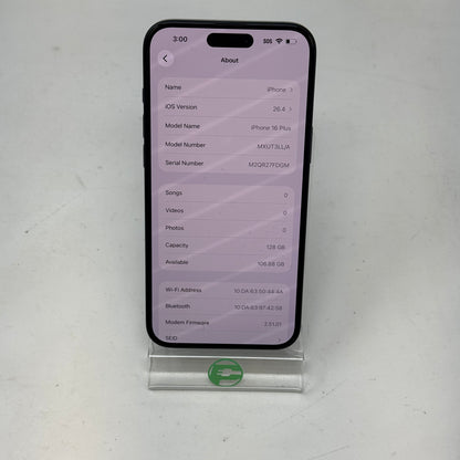 Factory Unlocked Apple iPhone 16 Plus 128GB Black MXUT3LL/A