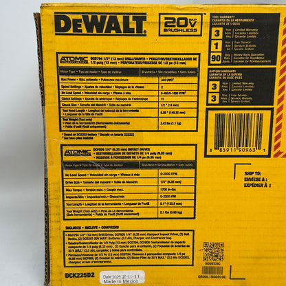 New DeWalt ATOMIC 20V Max Cordless 2-Tool Combo Kit Drill Impact DCK225D2