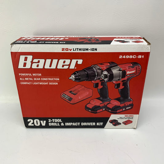New Bauer 20V Cordless 2-Tool Combo Kit 1/2" Drill 1/4" Impact Driver 2498C-B1
