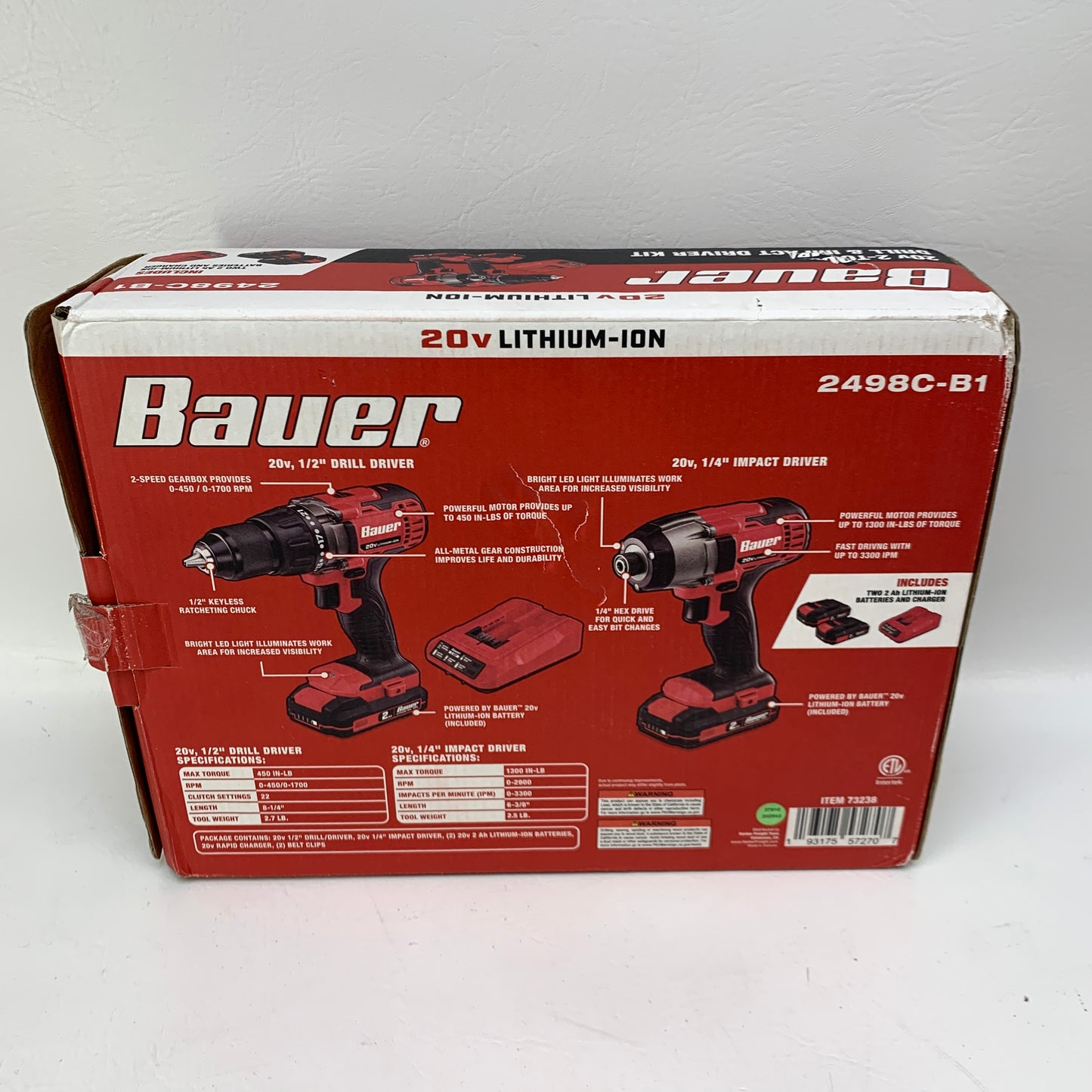 New Bauer 20V Cordless 2-Tool Combo Kit 1/2" Drill 1/4" Impact Driver 2498C-B1