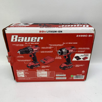 New Bauer 20V Cordless 2-Tool Combo Kit 1/2" Drill 1/4" Impact Driver 2498C-B1