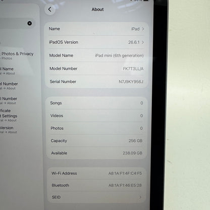 WiFi Only Apple iPad Mini 6th Gen 256GB Space Gray 
