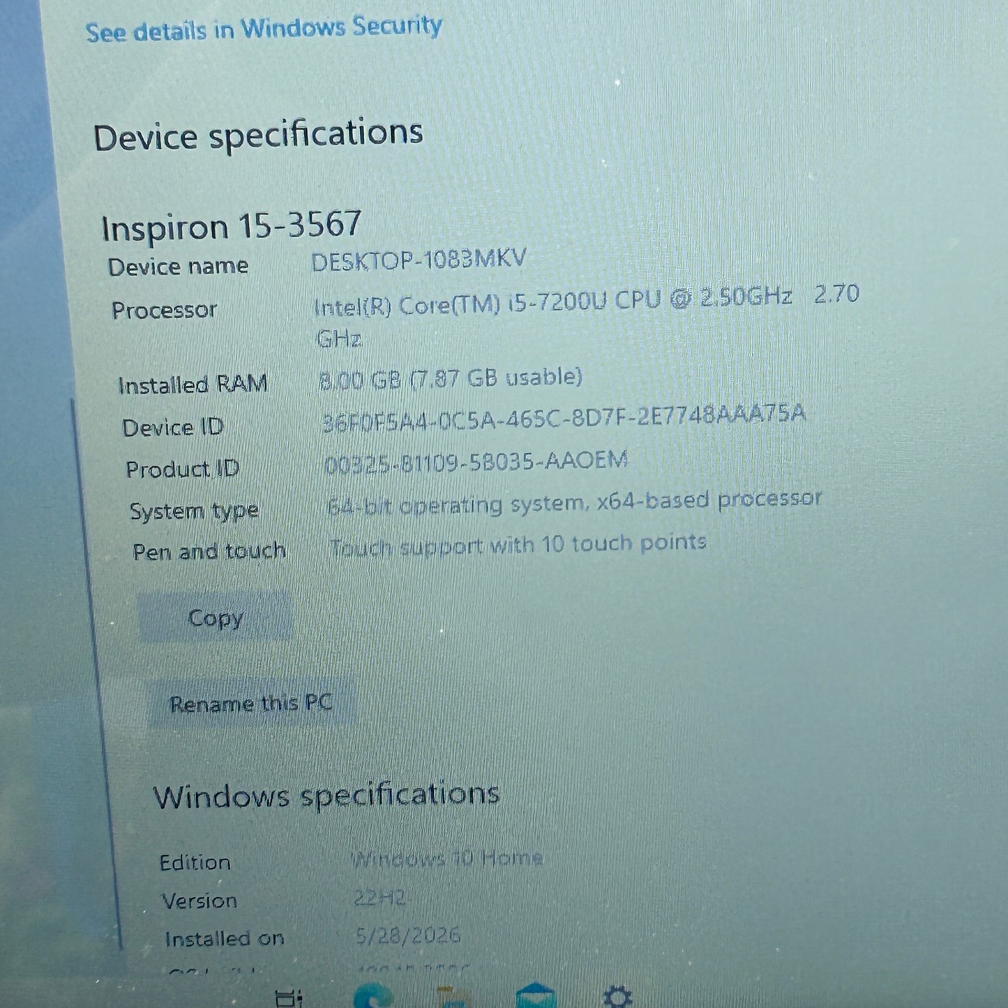 Dell Inspiron 15 3567 15.6" i5-7200U 2.5GHz 8GB RAM 256GB SSD