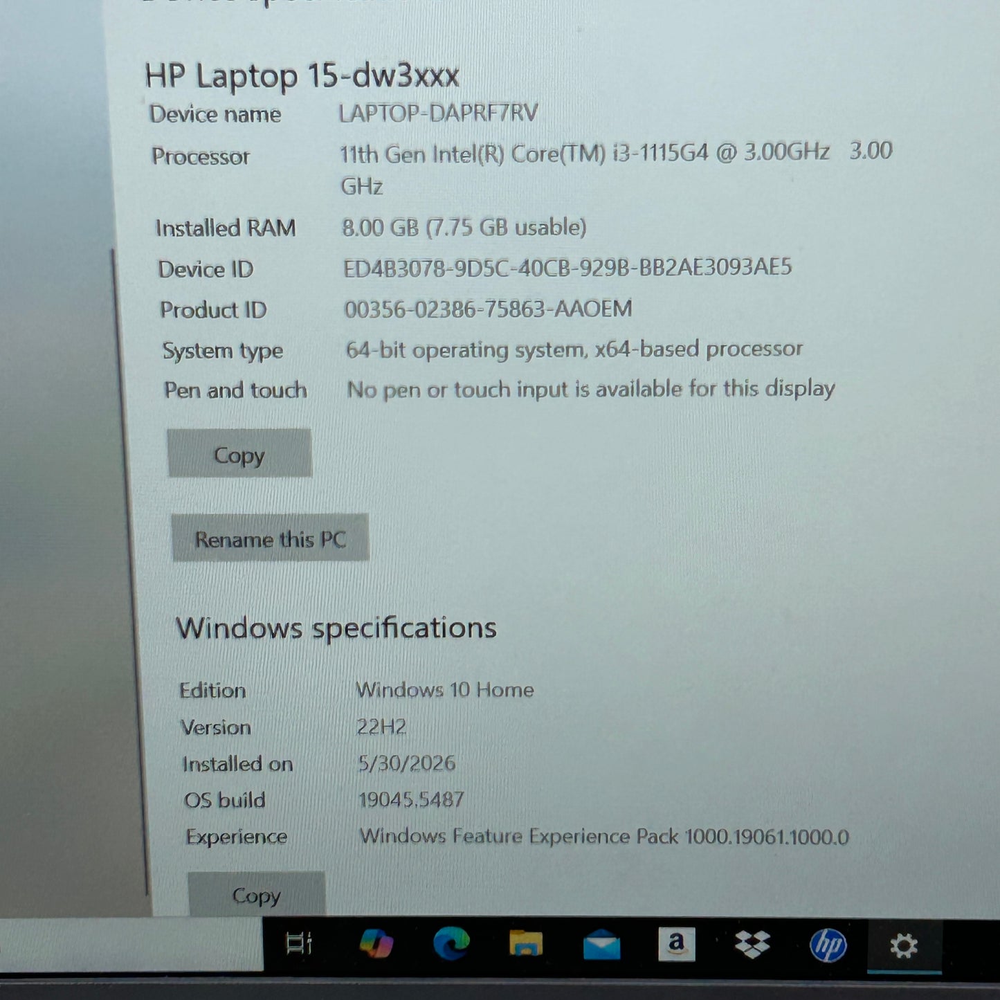 HP Laptop 15-DW3033DX 15.6" i3-1115G4 3.0GHz 8GB RAM 256GB SSD