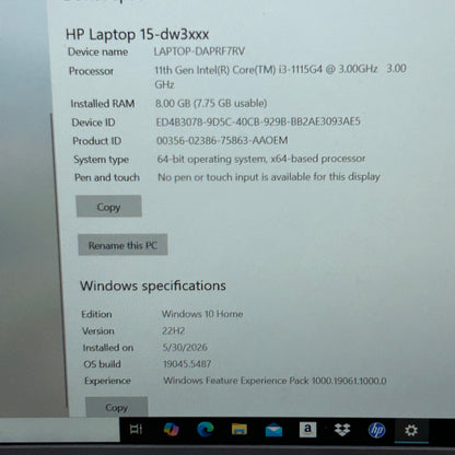 HP Laptop 15-DW3033DX 15.6" i3-1115G4 3.0GHz 8GB RAM 256GB SSD