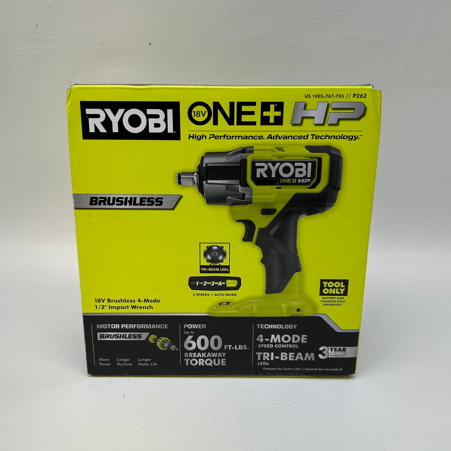 New Ryobi P262 18V Brushless Cordless 4-Mode 1/2 in. Impact Wrench