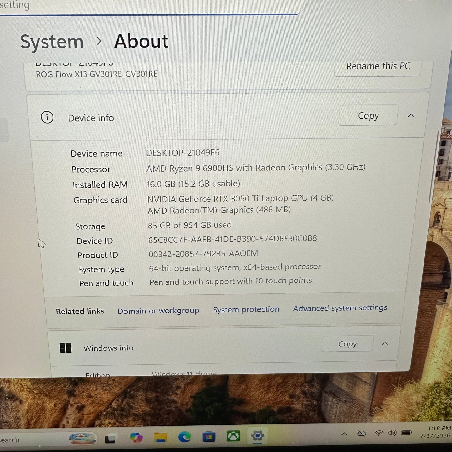 Asus ROG Flow X13 GV301RE 13.4 Ryzen 9 6900HS 3.3GHz 16GB RAM 1TB SSD GeForce 