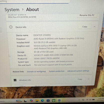 Asus ROG Flow X13 GV301RE 13.4 Ryzen 9 6900HS 3.3GHz 16GB RAM 1TB SSD GeForce 