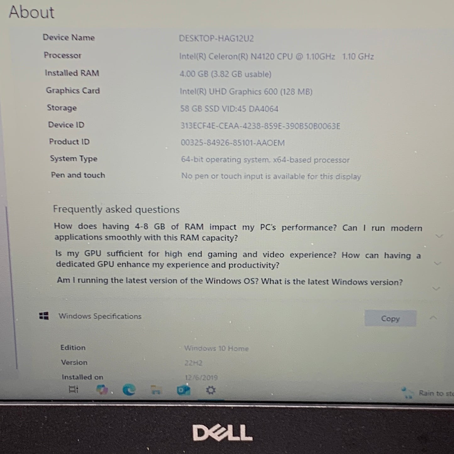 Dell Latitude 3190 Celeron N4120 1.1GHz 4GB RAM 60GB SD