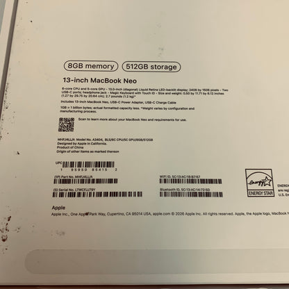 2026 Apple MacBook Neo 13" A18 Pro 5C GPU 4.0GHz 8GB RAM 512GB SSD MHFJ4LL/A