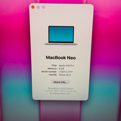 2026 Apple MacBook Neo 13" A18 Pro 5C GPU 4.0GHz 8GB RAM 512GB SSD MHFJ4LL/A