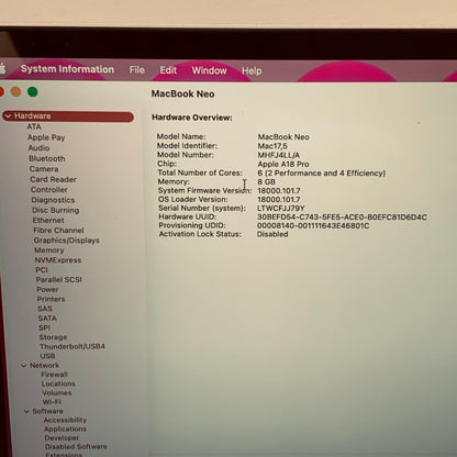 2026 Apple MacBook Neo 13" A18 Pro 5C GPU 4.0GHz 8GB RAM 512GB SSD MHFJ4LL/A