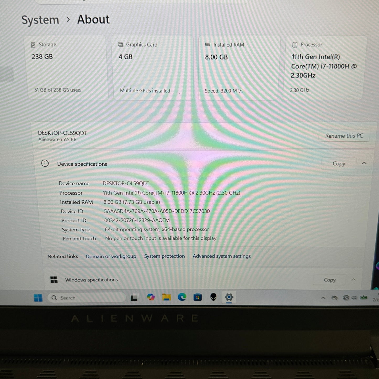 Alienware M15 R6-OL59QDT 15.6" i7-11800H 2.3GHz 8GB RAM 256GB SSD GeForce RTX