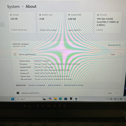 Alienware M15 R6-OL59QDT 15.6" i7-11800H 2.3GHz 8GB RAM 256GB SSD GeForce RTX