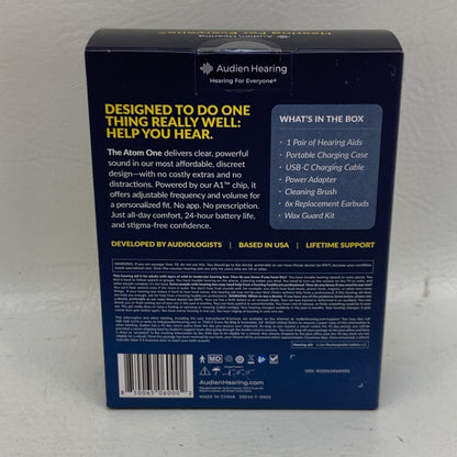 New Audien Atom ONE OTC Hearing Aids AT1RB004 Rechargeable