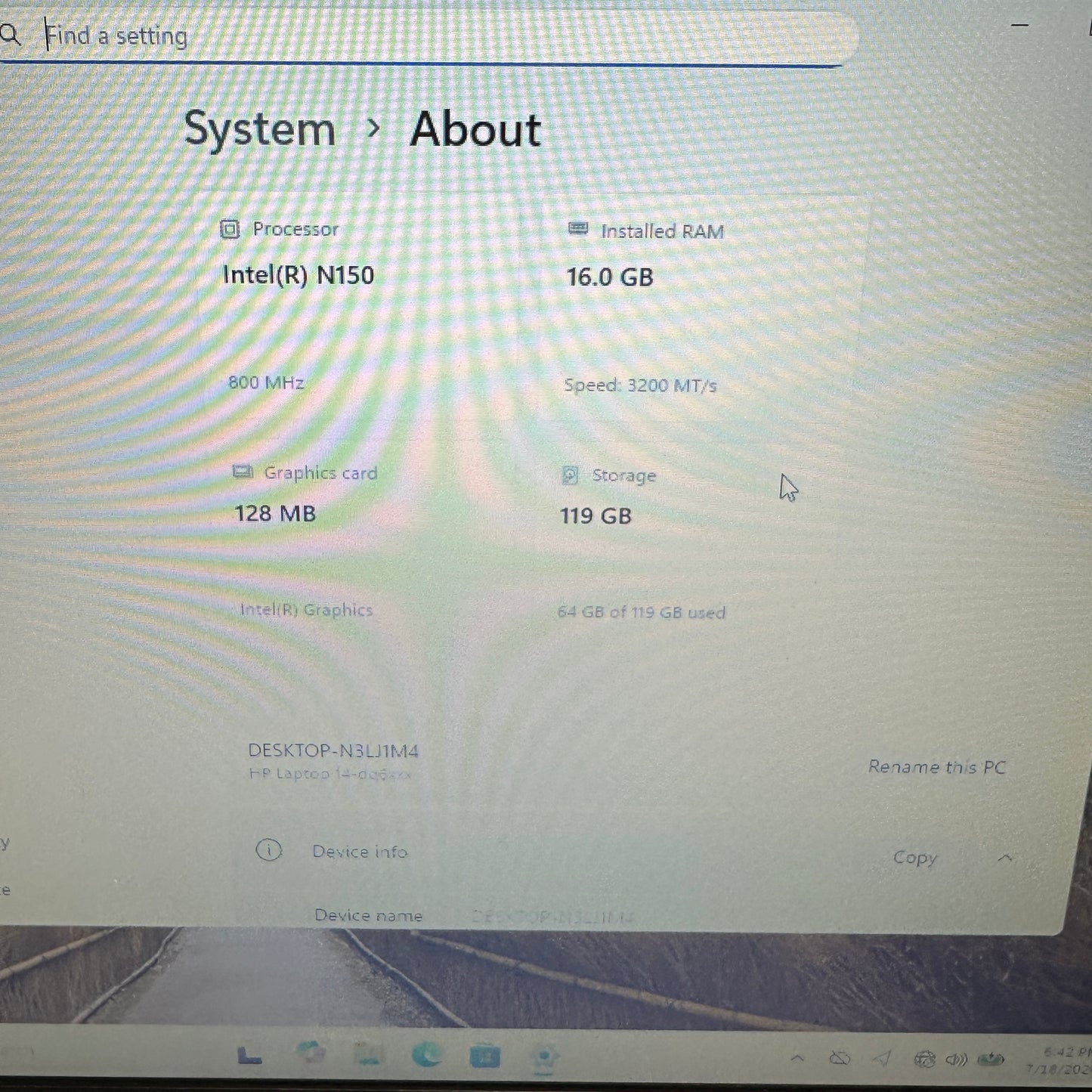 HP Laptop N3LJ1MA 14" N150 800Mhz 16GB RAM 128GB SSD
