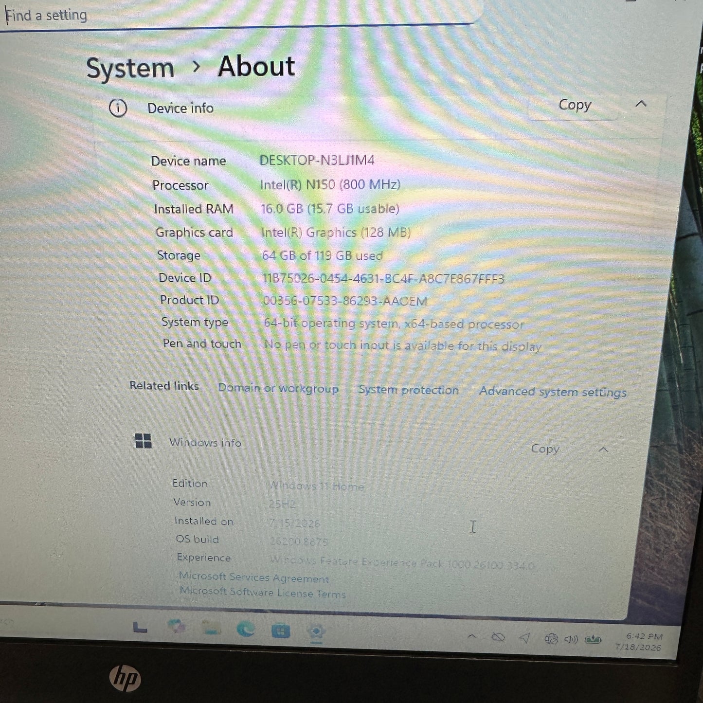 HP Laptop N3LJ1MA 14" N150 800Mhz 16GB RAM 128GB SSD