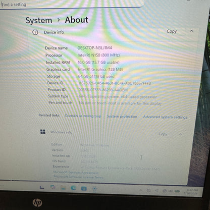 HP Laptop N3LJ1MA 14" N150 800Mhz 16GB RAM 128GB SSD
