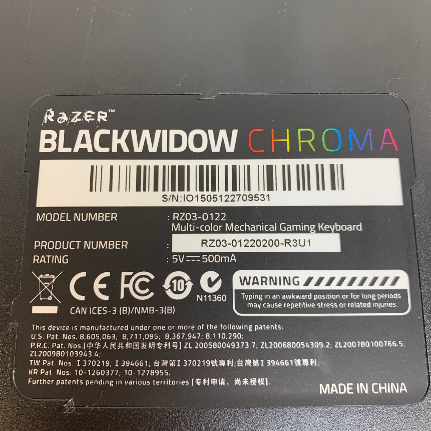 Razer Blackwidow Chroma Mechanical Gaming Keyboard RZ03-0122
