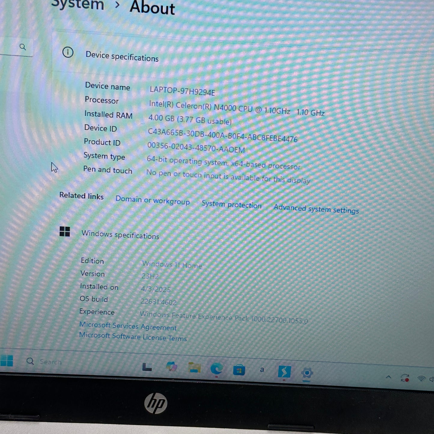 HP NoteBook 97H9294E Celeron N4000 1.10Ghz 4GB RAM 64GB SD