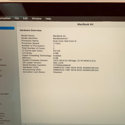 2020 Apple MacBook Air 13.3" i3 1.1GHz 8GB RAM 256GB SSD Gold MWTL2LL/A