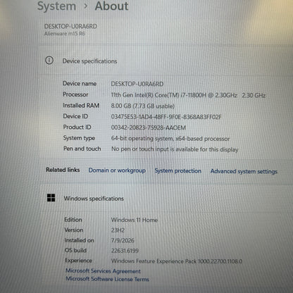 Alienware M15 R6 15.6" i7-11800H 2.3GHz 8GB RAM 256GB SSD GeForce RTX 3050 Ti