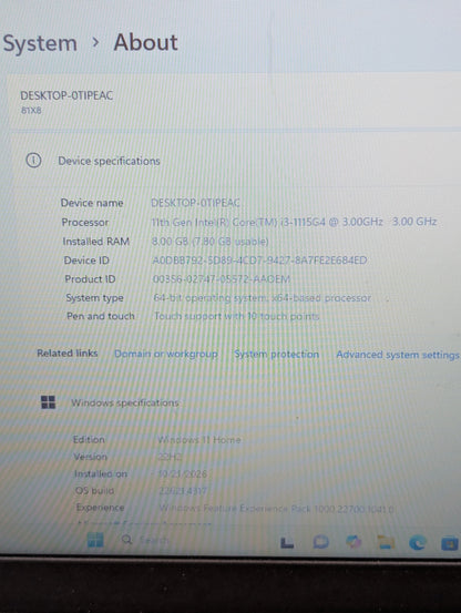Lenovo IdeaPad 3 15ITL05 15.6" i3-1115G4 3.0GHz 8GB RAM 256GB SSD