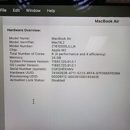2022 Apple MacBook Air 13.6" M2 10C GPU 3.5GHz 24GB RAM 1TB SSD A2681
