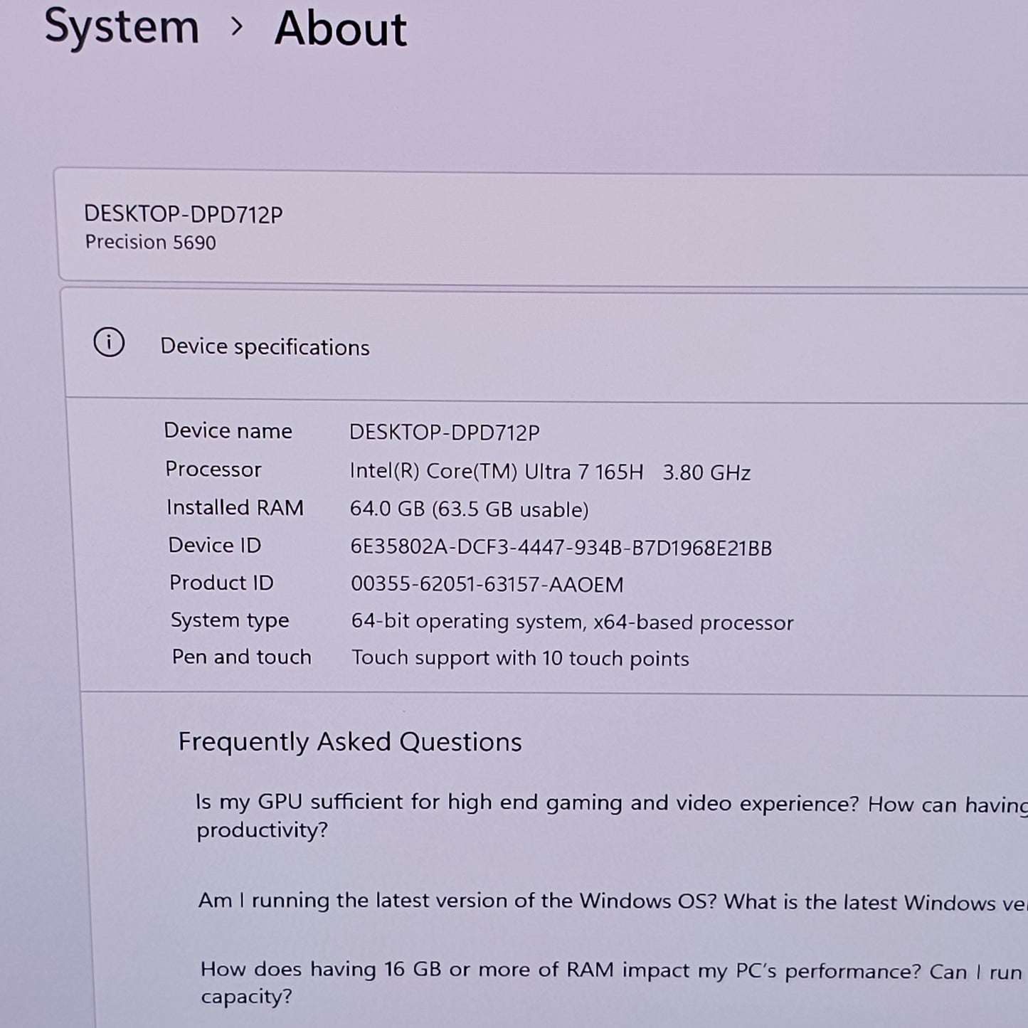 Dell Precision 5690 16" Core Ultra 7 165H 3.8GHz 64GB RAM 1TB SSD RTX A1000