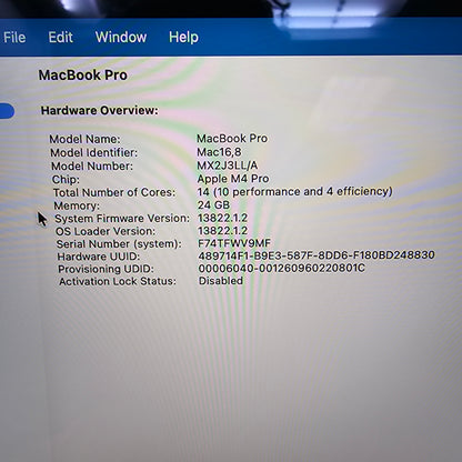 2024 Apple MacBook Pro 14" M4 Pro 20C GPU 4.5GHz 24GB RAM 1TB SSD A3401