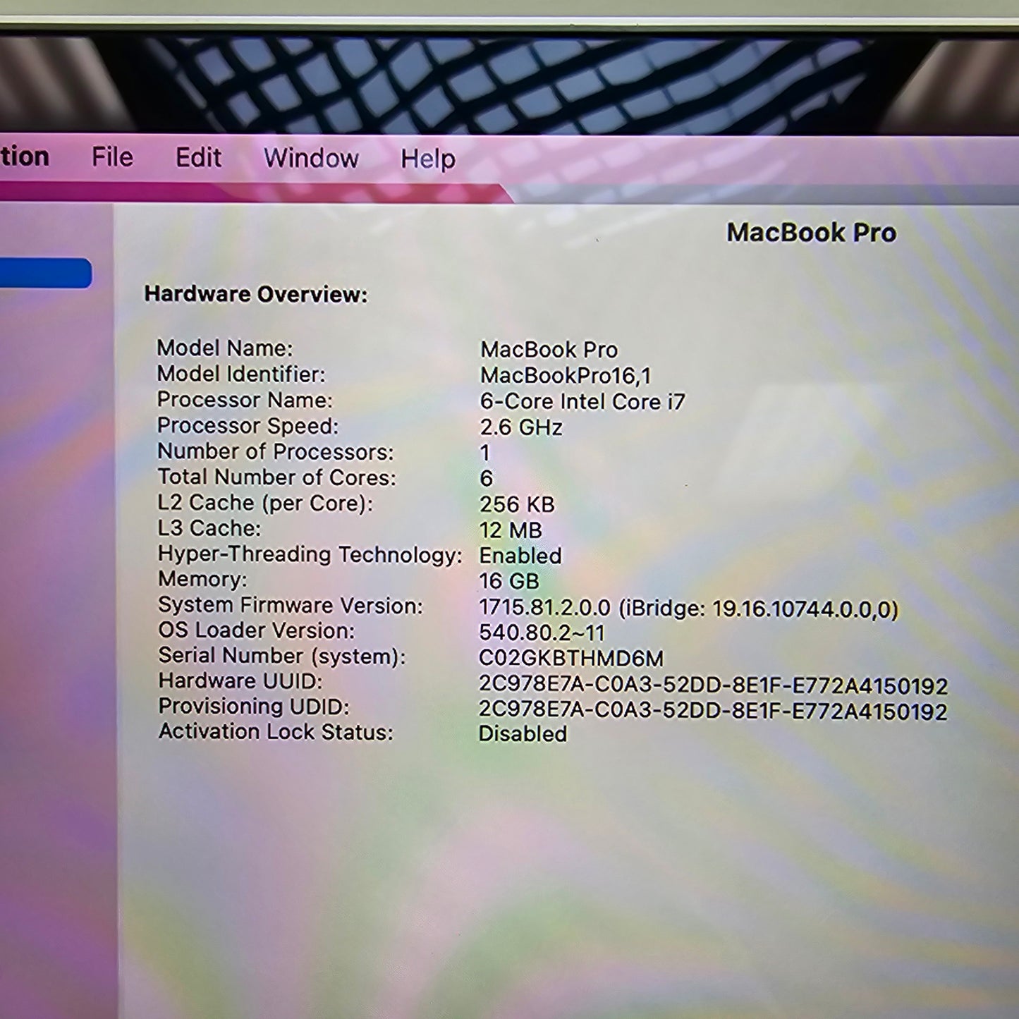 2019 Apple MacBook Pro 16" i7 2.6GHz 16GB RAM 512GB SSD Space Gray A2141