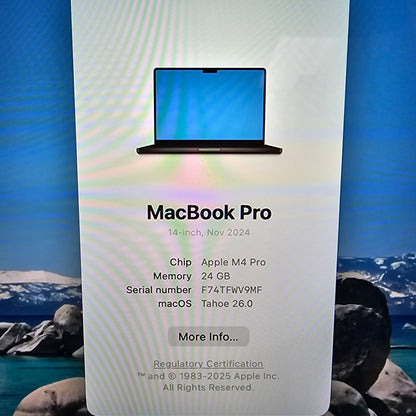 2024 Apple MacBook Pro 14" M4 Pro 20C GPU 4.5GHz 24GB RAM 1TB SSD A3401