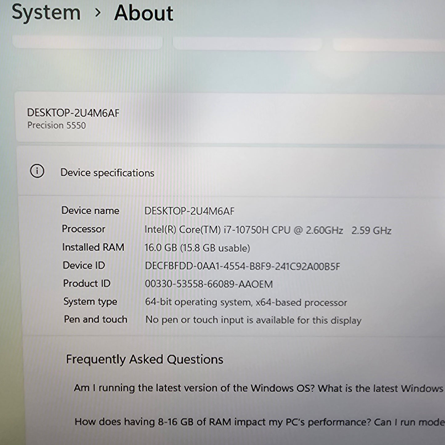 Dell Precision 5550 15.6" i7-10750H 2.6GHz 16GB RAM 256GB SSD Quadro T1000