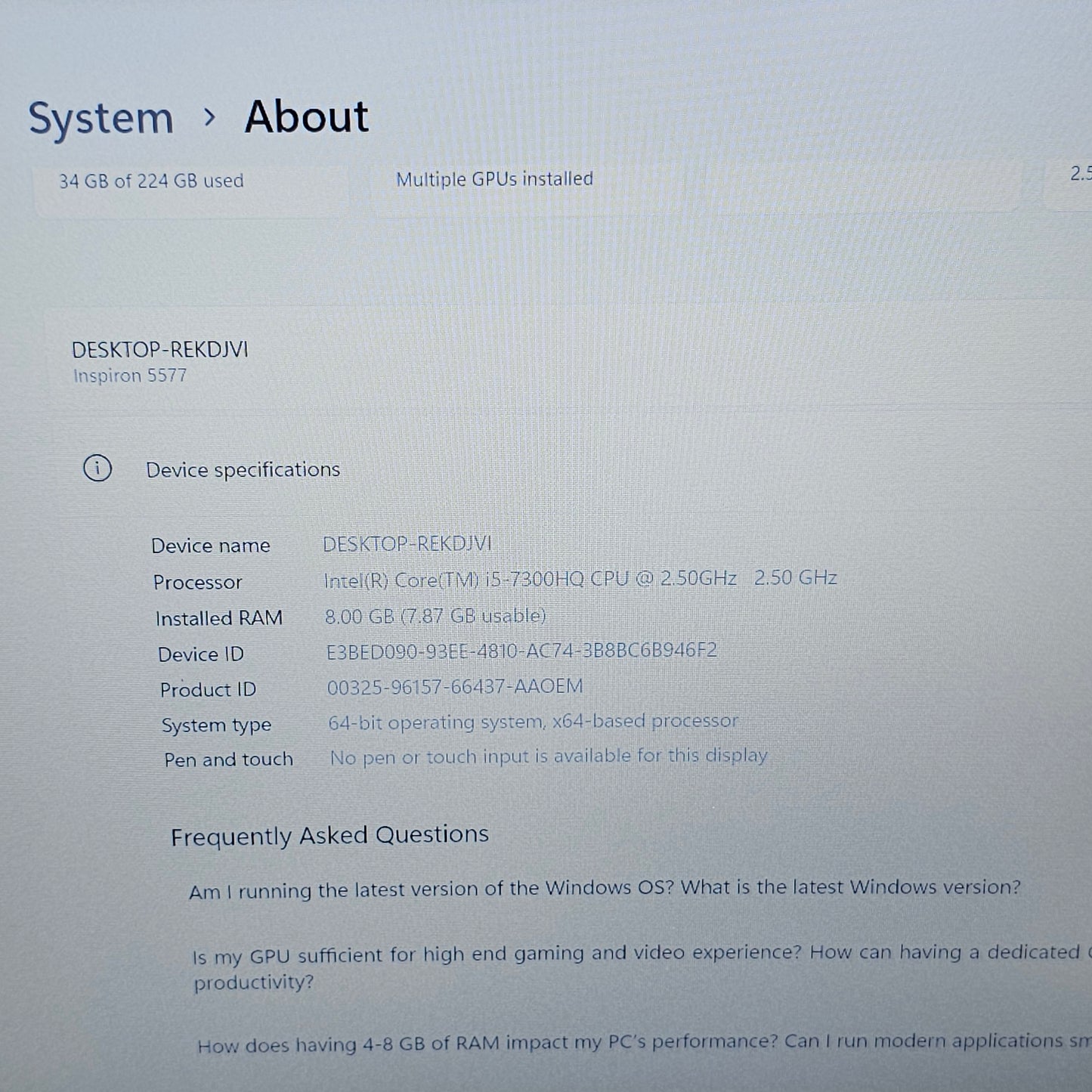 Dell Inspiron 15 5577 15.6"  i5-7300HQ 2.5GHz 8GB RAM 256GB SSD GeForce GTX 1050