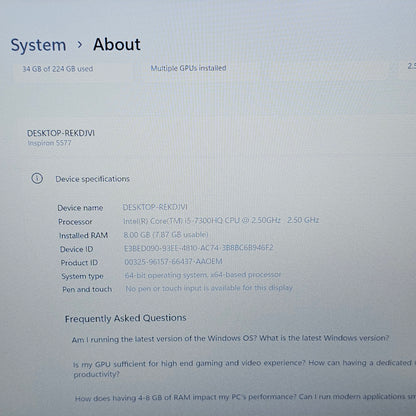 Dell Inspiron 15 5577 15.6"  i5-7300HQ 2.5GHz 8GB RAM 256GB SSD GeForce GTX 1050