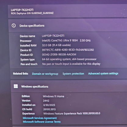 ASUS ROG Zephyrus G16 90nr0ir5-m00420 Ultra 9 185H 32GB RAM 1TB SSD RTX 4080