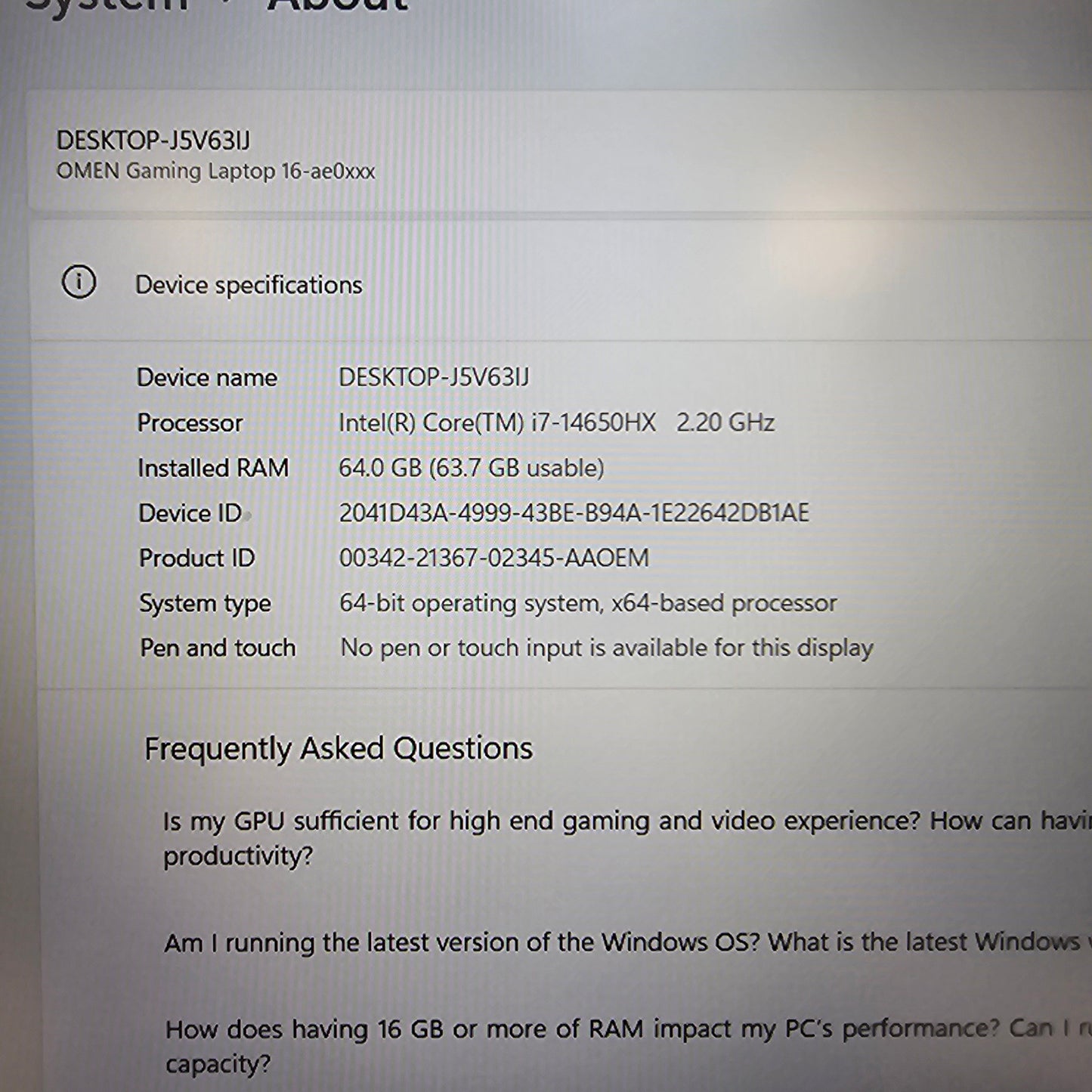 HP Omen 16-AE0073CL 16" i7-14650HX 2.2GHz 64GB RAM 2TB SSD 2TB SSD RTX 4060